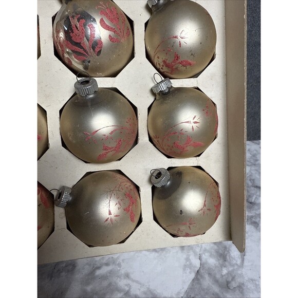 Vtg Shiny Brite Glass Ornaments Box 12 Stencil Glitter Solid Xmas USA READ - Picture 4 of 10